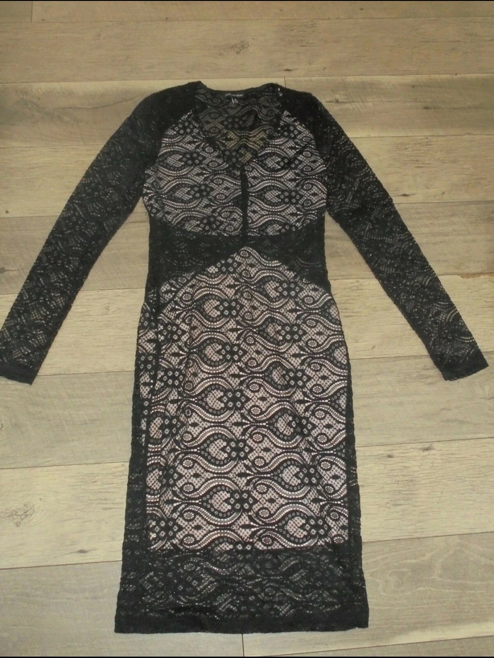 Shinestar Black Lace Long Sleeve Midi Dress with Nude Lining